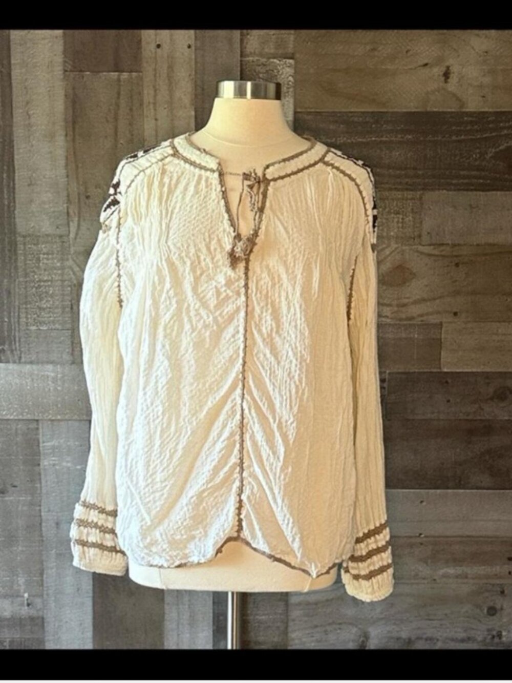 Sundance peasant top large tan brown embroidery western coastal cowgirl festival